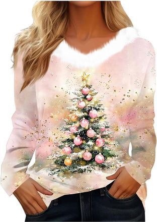 Generic Christmas Jumpers for Women UK Womens Christmas Tops Elegant Furry Trim V Neck Long Sleeve Shirts Christmas Tree Graphic Tees Tunic Blouse Ladies Xmas
