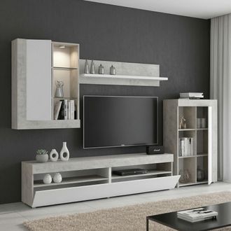 Dmora Dmora - Mueble Alto Beverin, Conjunto De Sal&oacute;n Modular, Mueble Sal&oacute;n Multiposici&oacute;n, 265x42h180 Cm, Blanco Y Cemento