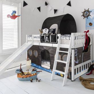 N&ouml;a & Nani Tuva Cabin Bed Low with Bunk Underbed Slide & Pirate Package in White | Size: Single