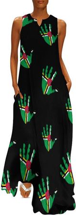 Generic Dominica Flag Palm Print Long Dresses for Women Summer Sleeveless Loose Maxi Dress Beach Sundress L