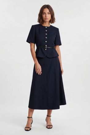 Karen Millen Womens Tailored Pinstripe Peplum Belted Midi Dress - Black - Size 10 UK