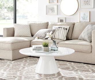 Furniturebox Palma Round Coffee Table with Pedestal Pillar Base & Semi-Matte or High Gloss Finish for Modern Minimalist Industrial Look in White