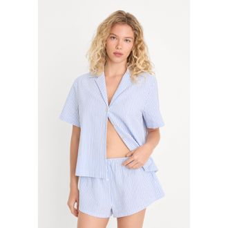 Good American Womens The Camp Shirt | Blue Stripe Seersucker, Size Medium | Good American by Khlo&Egrave; Kardashian