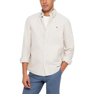 Tommy Hilfiger Mens Shirts Regular Fit Oxford Long Sleeve Casual Cotton Formal - Beige - Size X-Large