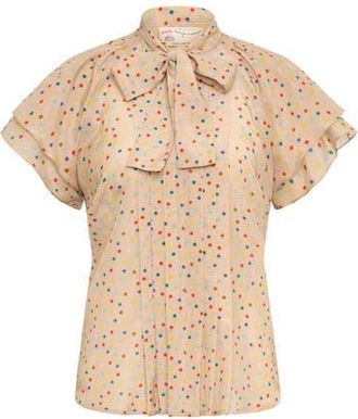 Maison Common Printed Blouse With Pleating And Bow Tie in Sand Multicolour at Nordstrom, Size 38