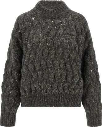 Brunello Cucinelli Dazzling Waves Trui - Dames - Ronde hals truien - Grijs - 2XL - Wol - Truien & Vesten