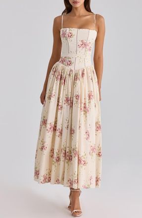 House of CB Ysabella Floral Stretch Cotton Maxi Sundress in Ivory Vintage Rose Print at Nordstrom, Size X-Small A
