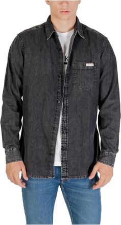 Calvin Klein Jeans Overhemden, Heren, Zwart, S, Katoen, Zwarte Katoenen Knoopshirt