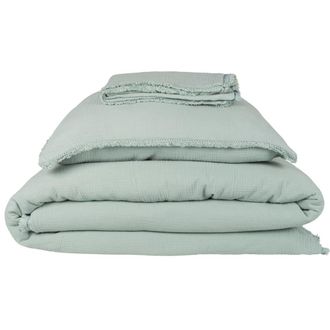 Maisons du monde Juego de cama de gasa de algod&oacute;n org&aacute;nico verde agua con flecos de 240x260 cm