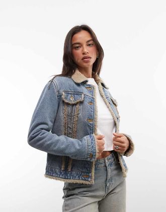 Icecream Giacca trucker in denim blu lavaggio sporco con fodera in pile borg