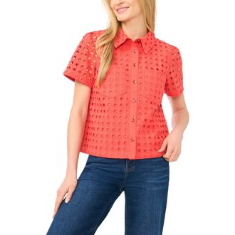 CeCe by Cynthia Steffe Cotton Eyelet Button-Up Shirt in Cayenne at Nordstrom, Size X-Small