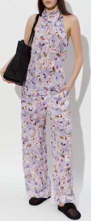 Balmain Silk Trousers With A Floral Motif, Womens, Purple
