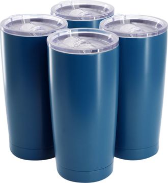Gibson Home Marina 4 Piece 18 Ounce Double Wall Stainless Steel Thermal Tumbler with Acrylic Lid in Matte Blue