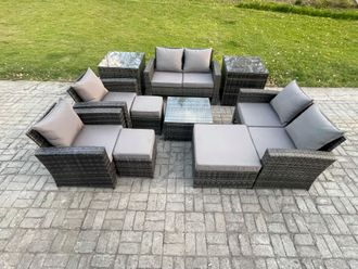 Fimous Outdoor Garden Furniture Sets 10 Pieces Wicker Rattan Furniture Manual Wicker Patio Sofa Set with 3 Footstools in Dark Grey