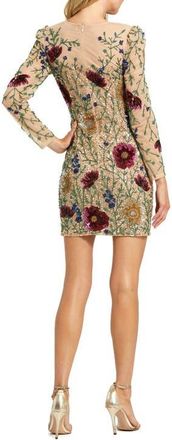 Mac Duggal Long Sleeve Sheer Bustier Floral Embroidered Dress in Nude Multi at Nordstrom, Size 10
