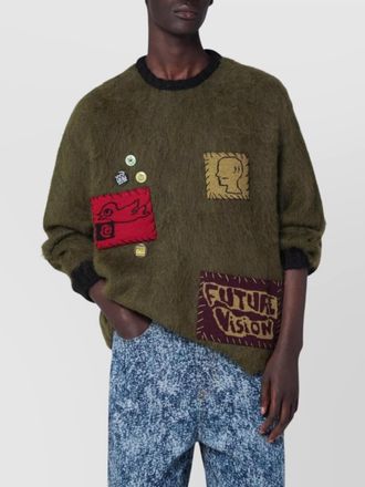 Brain Dead alpaca blend sweater featuring graphic patches