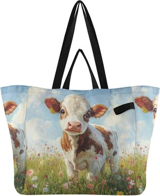 Generic Flowers Green Plant Cow pattern Reusable Canvas Tote Bag, Heavy Duty Grocery Shopping Bag with Hard Bottom Double Handles Large Capacity Work Grocerie