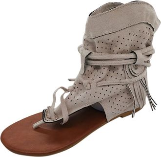 Generic Summer Ladies Sandals Retro womens Summer Hollow Casual Bottom Fashion Flat Tassel Toe Womens sandals Arch Support for Women (White, 5.5)