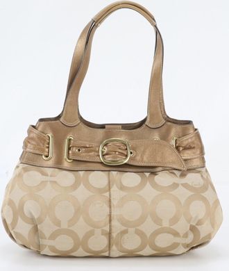 Coach Beige Gold Leather Canvas Handbag Shoulder Bag Tote Bag (Pre-Owned)
