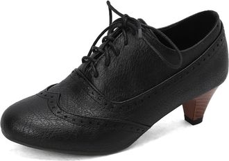 Generic Womens Brogue Detail Round Toe Lace-Up Pumps Slim Wood Heel Textured Upper Soft Inner Lining Non-Slip Adjustable Comfortable Shoes,Black,10.5 UK