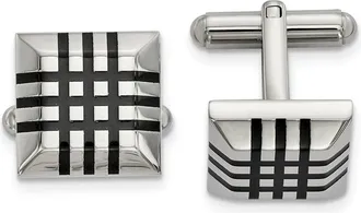 Diamond2Deal Stainless Steel Polished with Black Rubber Stripes Cufflinks