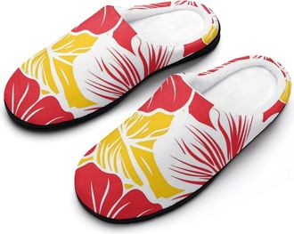 Generic Hawaiian Tropical Flowers Mens Slippers Slip On Comfortable Fleece Cotton House Shoes Winter