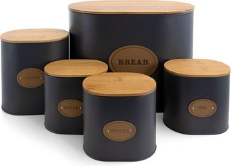 MegaChef Kitchen Food Storage and Organization 5 Piece Canister Set in Grey with Bamboo Lids