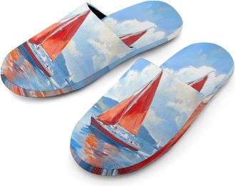 Generic Sailboat Boat On Blue Sea Warm Mens Slippers Slip On Soft Fleece House Shoes Winter Indoor Outdoor