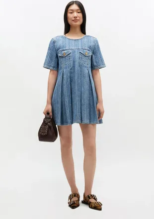 Ganni Blue Striped Denim Pleated Dress - Size 10/12 Organic Cotton