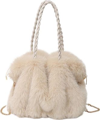 Generic Womens Plush Bags Womens Plush Large Capacity Tote Bag Pleated Shoulder Crossbody Commuter With Metal Chain(Beige)