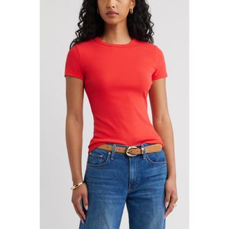 Open Edit Rib Short Sleeve Shirt in Red Tomato at Nordstrom, Size Xx-Small
