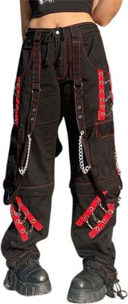 Generic Women Gothic Cargo Jeans Baggy Pants Hip Hop Jeans Y2K Punk Scene High Waisted Wide Leg Denim Pants Streetwear