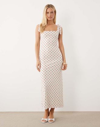Miss Selfridge Vestito lungo color panna a pois con spalline annodate-Bianco