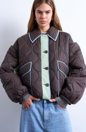 Topshop Patchwork Quilted Jacket in Brown/Light Blue at Nordstrom, Size X-Small