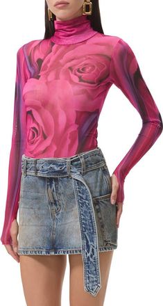 AFRM Zadie Print Turtleneck Mesh Top in Fuchsia Rose at Nordstrom, Size X-Small