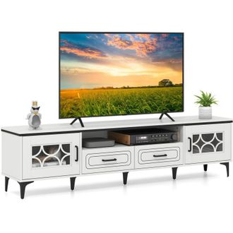 Costway Mobile TV per TV fino a 80, 180,5 x 35 x 46 cm con 2 cassetti, 2 armadietti e scomparto, 7 gambe rialzate in metallo, per soggiorno, bianco