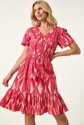 Roman Ikat Print V-Neck Frill Hem Dress