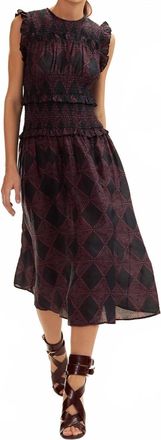Cynthia Rowley Smocked Ramie Dress In Navy/burgundy