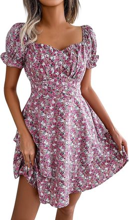 Generic Womens Summer Casual Sweetheart Neckline Puff Sleeve Floral Print High Waist Dress Boho Beach Mini Short Dresses Holiday Sundress,Red,M,U128A