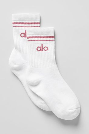 Alo | Half-Crew Throwback Socks in White/Pink Wild Rose, Size: Medium