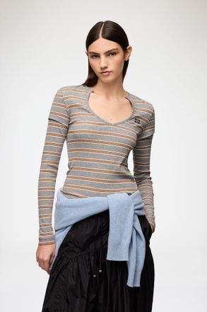 Ganni Grey Long-sleeve Top in Stripe - Size XXS Organic Cotton
