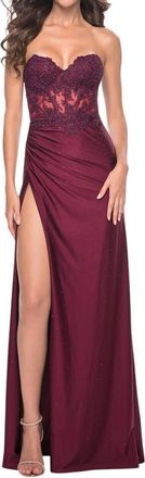 La Femme Lace Rhinestone Applique Top Prom Dress In Dark Berry