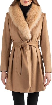 Sofiacashmere Toscana Genuine Lamb Shearling Collar Wool Blend Coat in Camel at Nordstrom Rack, Size 10