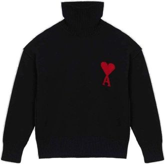 Ami Ribbed Black Wool Turtleneck Sweater With Heart Logo
