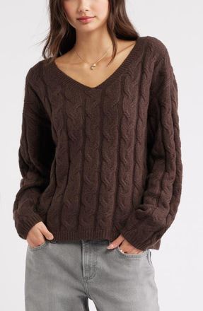 BP. Cable Knit V-Neck Cotton Blend Sweater in Brown Coffee at Nordstrom, Size X-Small