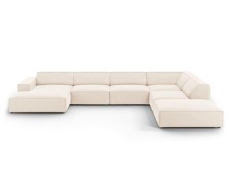 MICADONI Sof&aacute; esquinero panor&aacute;mico derecho 7 plazas de terciopelo beige claro