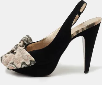 Missoni Black Suede And Fabric Bow Peep Toe Slingback Pumps