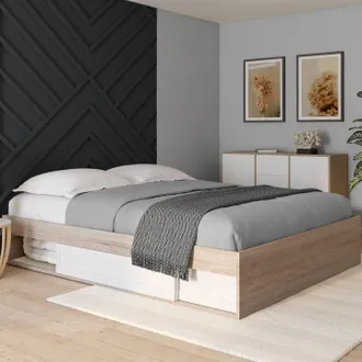 IDMarket Idmarket - Somier Salem Con Almacenaje Y Base De 160 X 200 Cm Efecto Madera Y Blanco