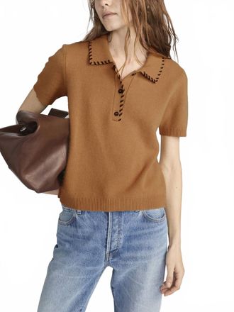Frame Denim Leather Stitch Polo Top In Camel