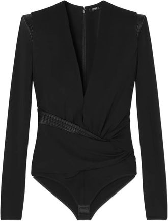 Versace Wikkelblouse met leren afwerking - Zwart